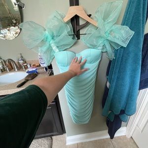 Aqua Green Mini Dress with Tulle Shoulders